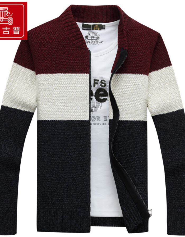 戰(zhàn)地吉普 針織外套男拼色時(shí)尚休閑毛衣寬松拉鏈開(kāi)衫 262 花藍(lán)色 XL