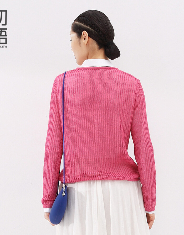初語(yǔ)夏季新品 鏤空合體長(zhǎng)袖毛針織衫女8530323019 玫紅 L